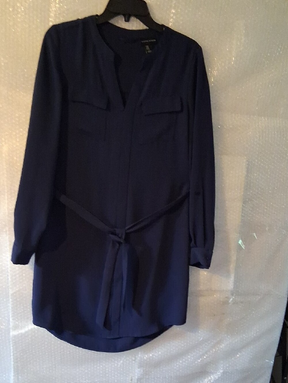 Adrienne Vittadini Navy Blue Long-Sleeve Tunic Shirt Dress with Chest Pockets - Picture 2 of 12